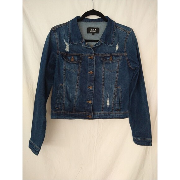 BHJ S California Distressed Dark Blue Jean Cropped Jacket Juniors Sz L Ladies XS - Picture 1 of 13